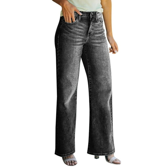 Women Button High Waist Pocket Elastic Solid Color Jeans Slim Denim Pants