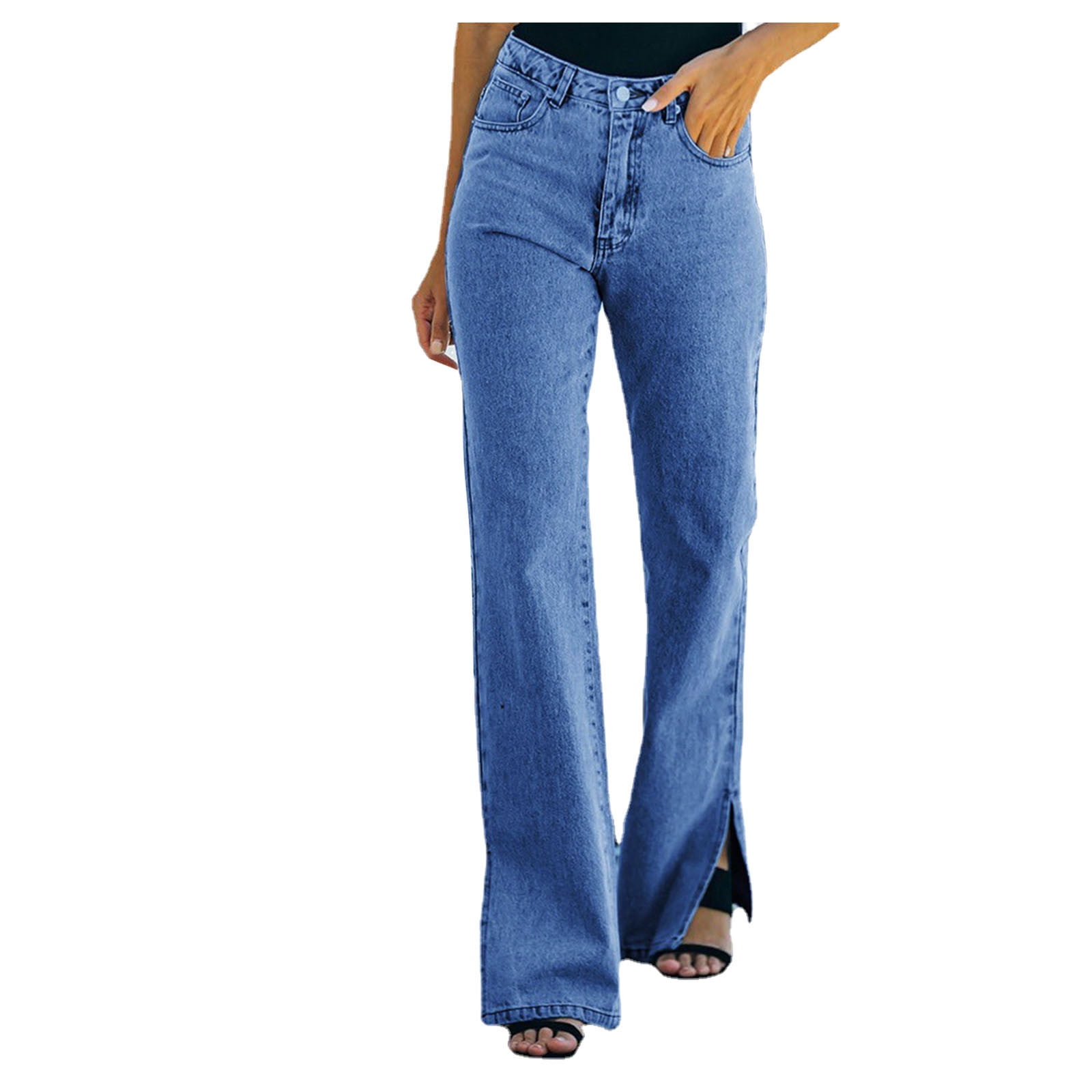 Women Button High Waist Pocket Elastic Solid Color Jeans Slim Denim