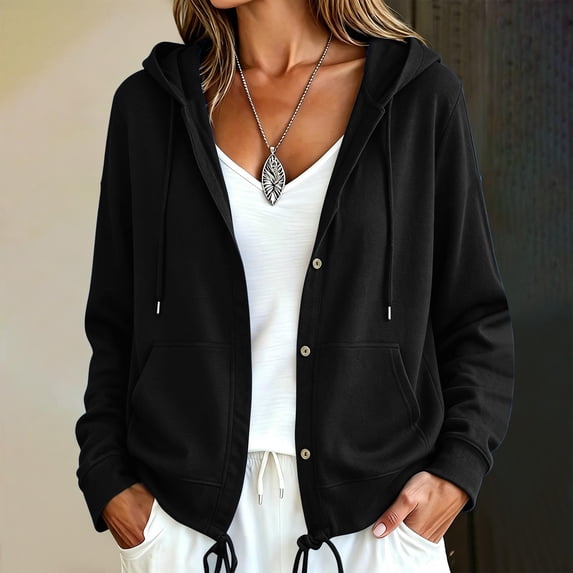 Women Button Hooded Sweatshirt Jacket Soft Lightweight Hoodies Cardigan with Drawstring Hem Side Pockets Loose Fitting Casual Daily Outwear Black M