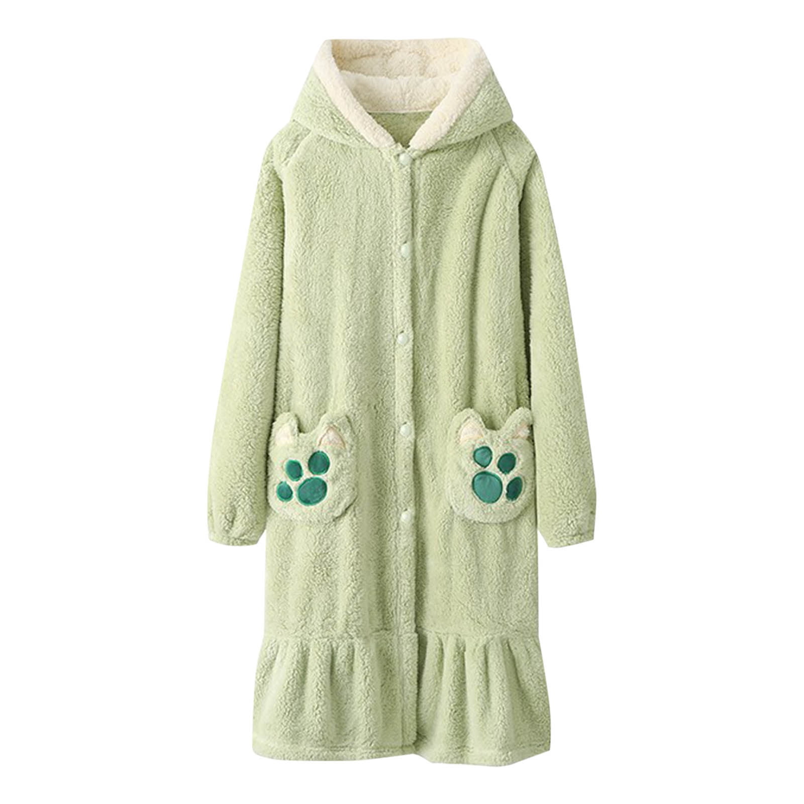 Women Button Long Robe with Cute Pockets Hooded Ruffle Hem Button down ...