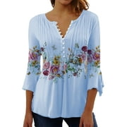 Women Button Up Blouses for Women Floral Dyeable Print Shirts 3/4 Sleeve V Neck Pleated Front Blouse Tops Summer Casual T-shirts Blue L
