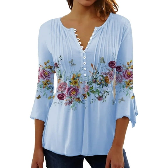 Women Button Up Blouses for Women Floral Print Shirts 3/4 Sleeve V Neck Pleated Front Blouse Tops Summer Casual T-shirts Blue 3XL
