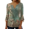 thumbnail image 1 of Women Button Up Blouses for Women Floral Print Shirts 3/4 Sleeve V Neck Pleated Front Blouse Tops Summer Casual T-shirts Dark Green M, 1 of 6
