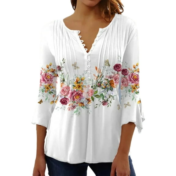 Women Button Up Blouses for Women Floral Print Shirts 3/4 Sleeve V Neck Pleated Front Blouse Tops Summer Casual T-shirts White 5XL