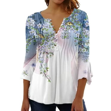 Women Button Up Blouses for Women Floral Print Shirts 3/4 Sleeve V Neck Pleated Front Blouse Tops Summer Casual T-shirts White Blue 2XL