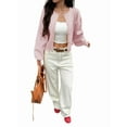 thumbnail image 1 of Women Button Up Cardigan Fall Trendy Crew Neck Long Sleeve Knit Cropped Sweater Jacket Pink L, 1 of 7
