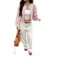 thumbnail image 1 of Women Button Up Cardigan Fall Trendy Crew Neck Long Sleeve Knit Cropped Sweater Jacket Pink XL, 1 of 7