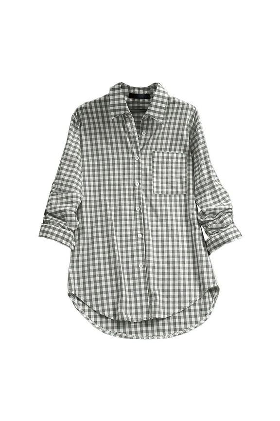 Women Button Up Long Sleeve Plaid Print Collared Blouse Shirt Slim Fit Work Office Going Out Gingham Top
