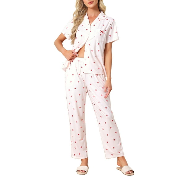 Women Button Up Pajama Sets Short Sleeve Shirt Long Pants Lounge Set Sleepwear 2026 L Pink
