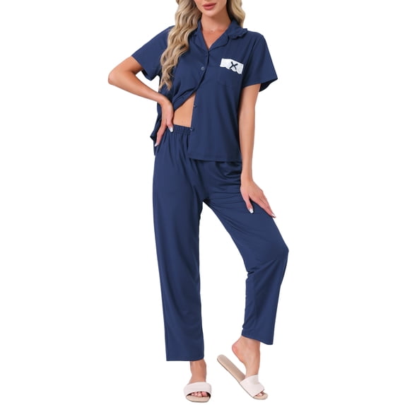 INSPIRE CHIC Women's Button Up Pajama Sets Short Sleeve Shirt Long Pants Lounge Set Sleepwear 2026 M Navy Blue