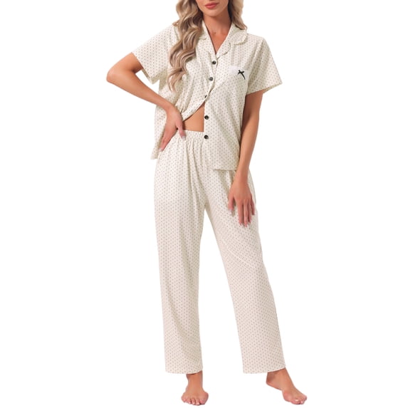 Women Button Up Pajama Sets Short Sleeve Shirt Long Pants Lounge Set Sleepwear 2026 XL Beige Polka Dots