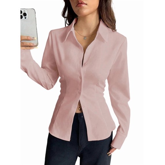 Women Button Up Shirt Long Sleeve Shirt V Neck Collared Blouse Aesthetic Work Tops Pink M