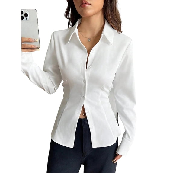 Women Button Up Shirt Long Sleeve Shirt V Neck Collared Blouse Aesthetic Work Tops White S