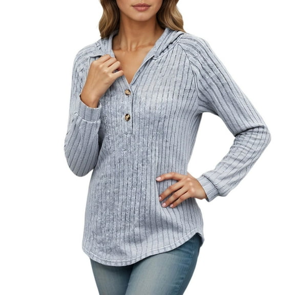 Women Button V Neck Hoodies Sweater Solid Long Sleeve Two Button Sweatshirts Fall Loose Casual Lightweight Ribbed Knit Pullover Shirts