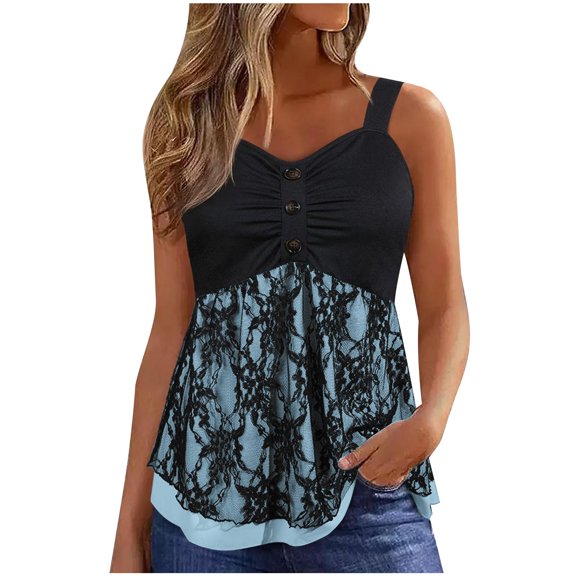 Women Button V Neck Lace Double Layer Tank Tops Summer Loose Fit Flowy Sleeveless Shirts Casual Blouses Tunic Top Tees Light Blue,S