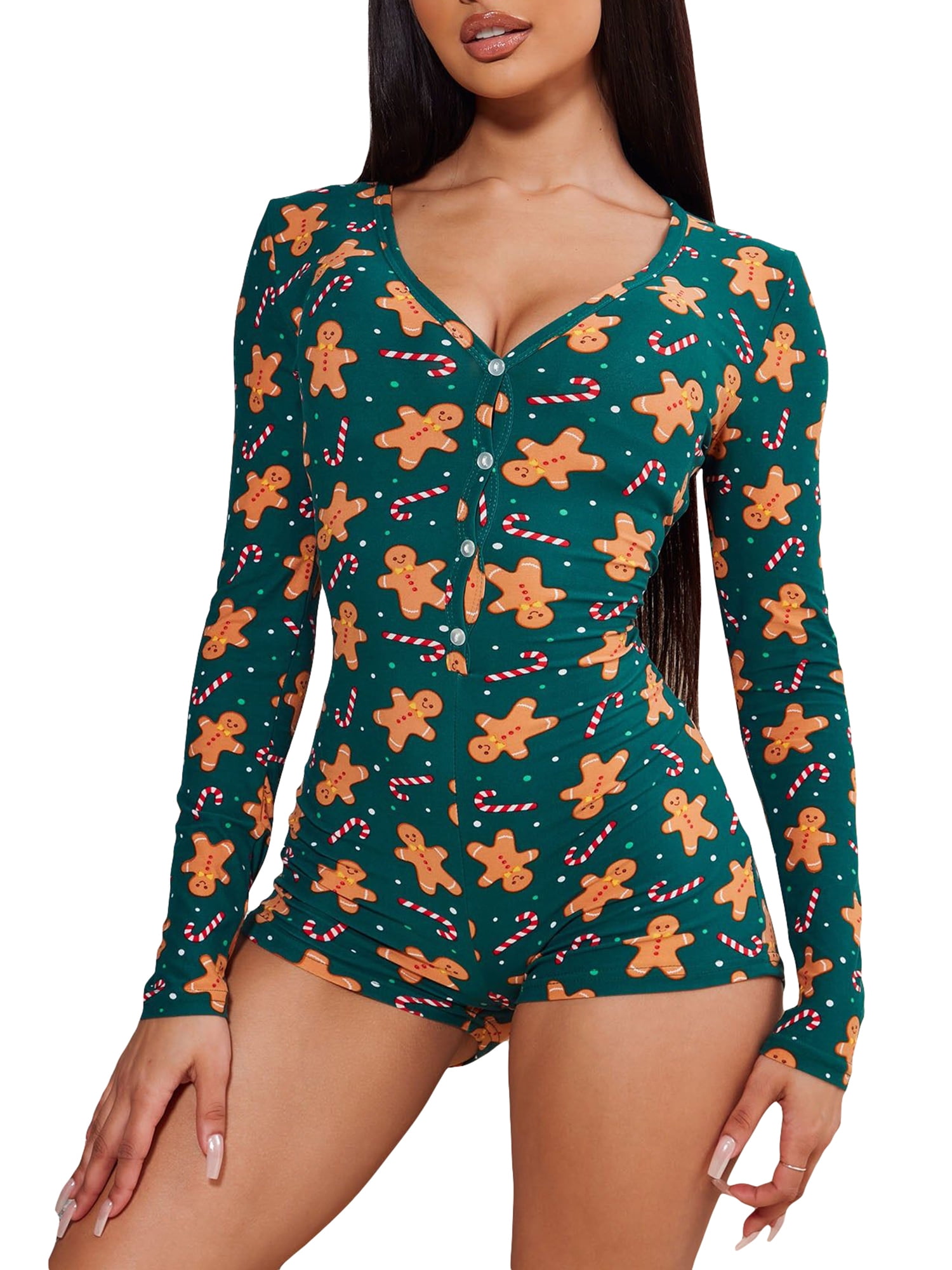 Women Button V Neck Long Sleeve One Piece Romper Pajama leotard