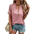 thumbnail image 1 of Women Button V Neck T Shirts Rolled Short Sleeve Casual Summer Tops Tee Shirts, 1 of 5