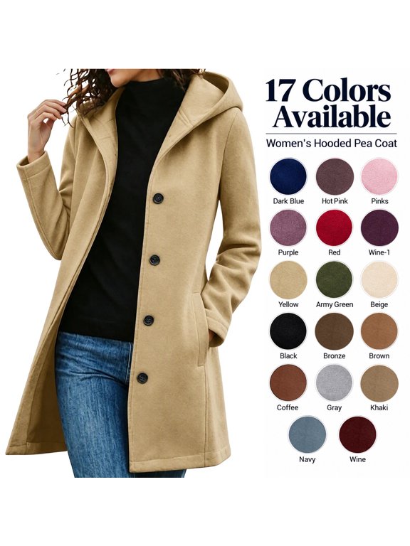 Women Button down Long Jacket with Side Pockets, Lapel Hooded Long Sleeve Trench Coat, Fall Winter Fashion Mid Length Outdoor Pea Coats for Women L