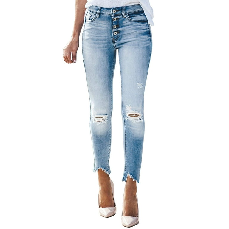 Women Buttoned Pocket Design Ripped Cutout Denim Pants Patchwork Destroyed Hem Jeans Ripped Hole Denim Pants Bell Bottom Pants for Women Slimming Jean Walmart