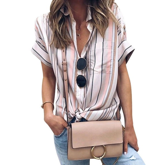 Women Buttons Colorblock Vertical Stripes Short Sleeve Shirts