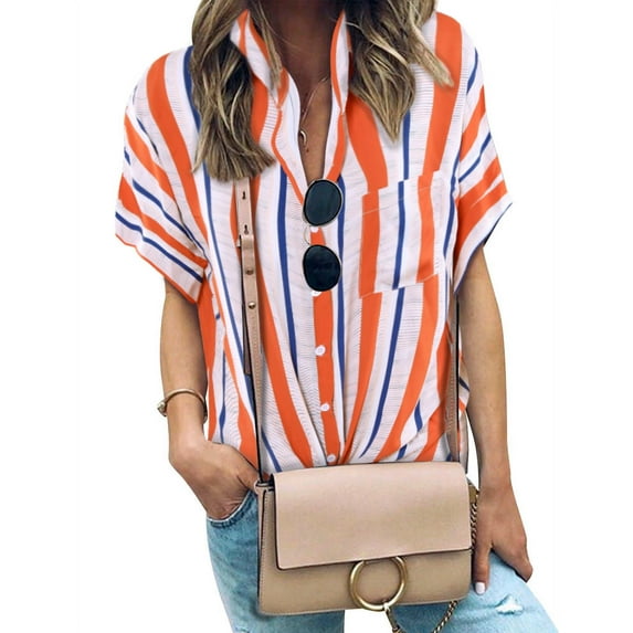 Women Buttons Colorblock Vertical Stripes Short Sleeve Shirts