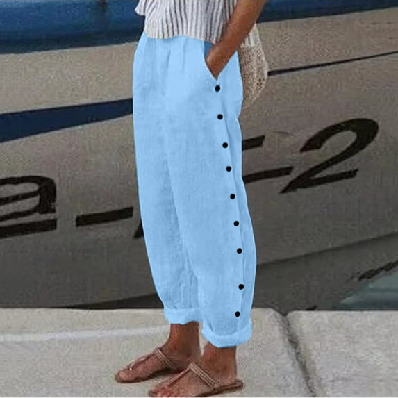 Women Buttons Solid Pants High Waisted Wide Leg Pants Fashion Drawstring Elastic Trousers Comfy Straight Leg Long Pants With Pockets Womens Work Bottoms Tan Linen Pants Women Stretchy Yoga Casual