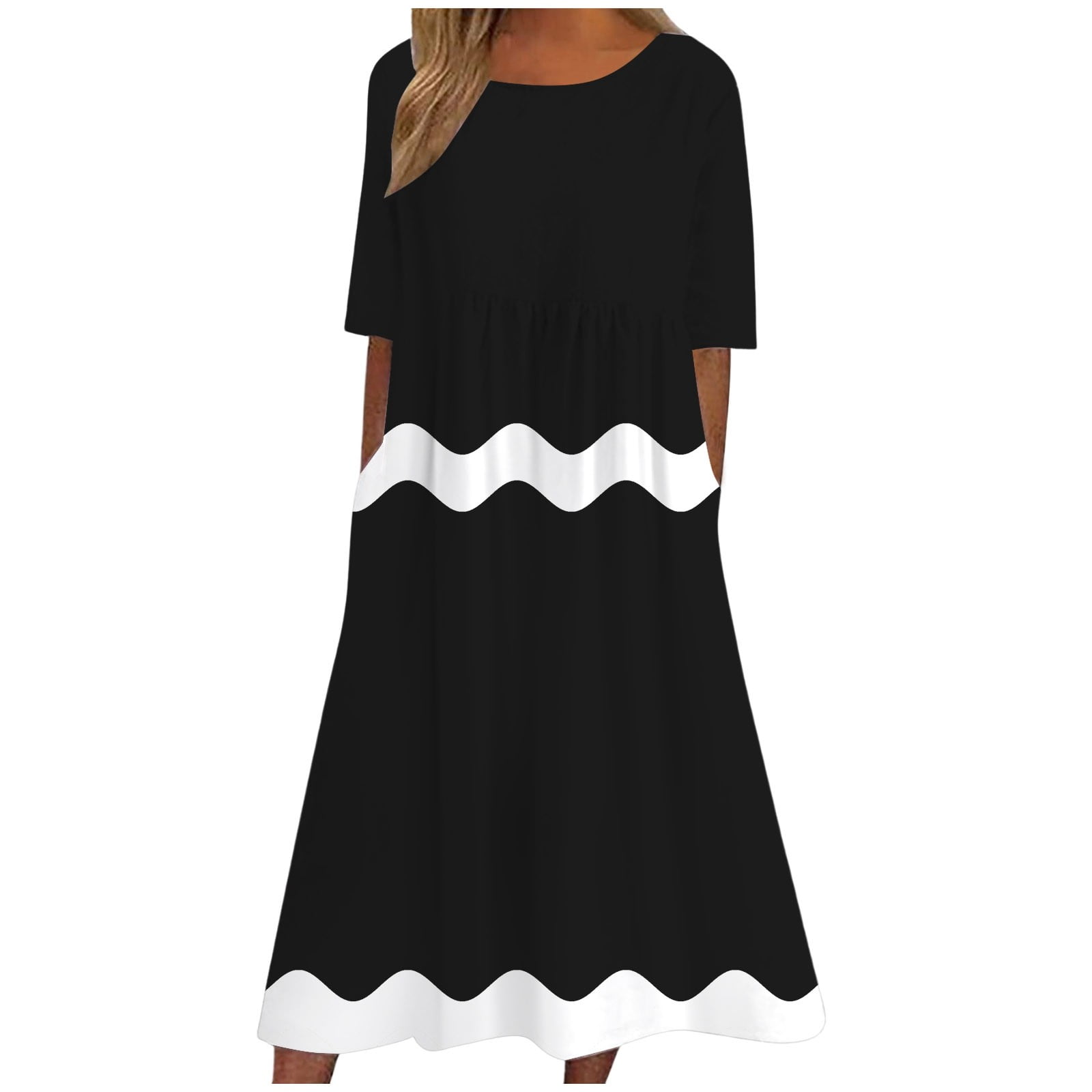 Women C Boho Dress Short Sleeve O Neck Pocket Dress Casual Print Short