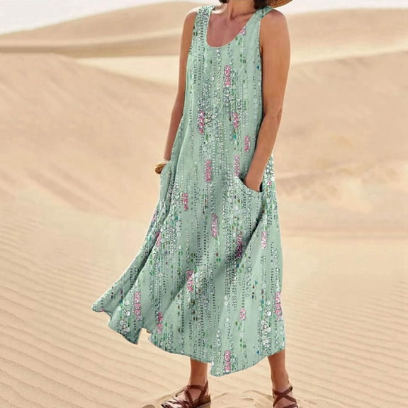 Women C Summer Sleeveless Casual Dress Colorful Printed Pocket Beach Vacation Dress Casual Women Dresses Short for Women Maxi Dress Petite Length Lightweight Summer Dress Summer Dresses Floral