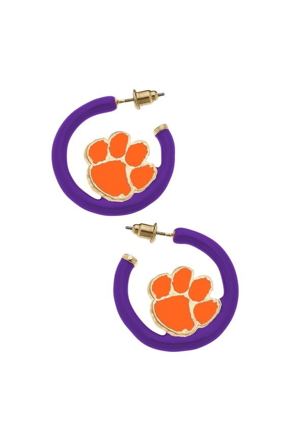 Women' CANVAS Style Clemson Tigers Enamel Logo Open Hoop Earring