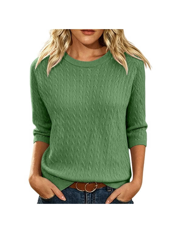 Women Cable 3/4 Sleeve Knit Sweaters Trendy Sweater Lightweight Crewneck Soft Pullovers,2XL