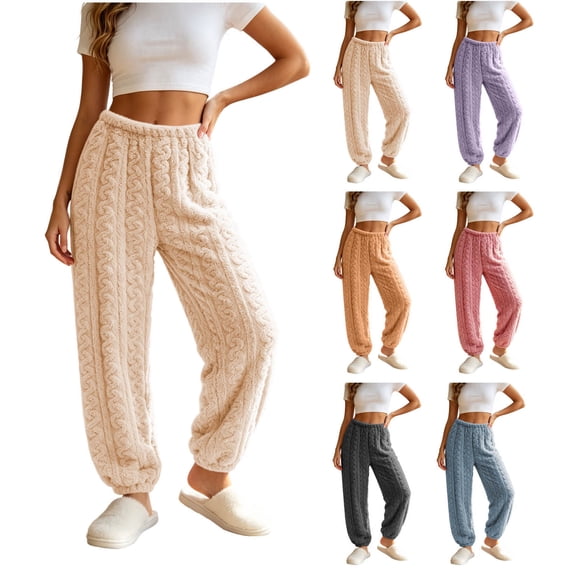 Women Cable Fleece Jogger Sleep Pants Elastic Drawstring Waist Soft Warm Loose Breathable Solid Loungewear Bottoms Timeless Basic Pajama Pants for All Age Ladies
