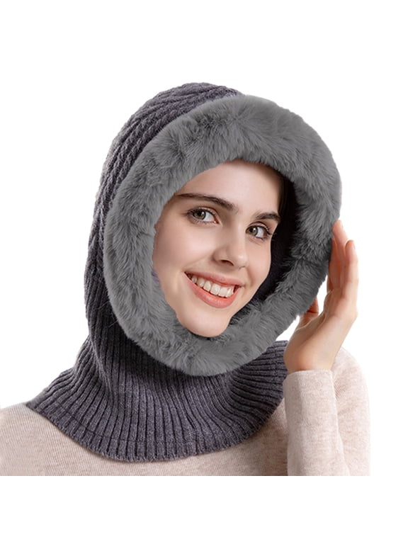 Women Cable Knit Balaclavas Winter Fleece Lined Beanie Hat Lady Warm Faux Fur Ski Snow Hat Hooded Face Mask Neck Warmer Cap with Adjustable Drawstring Full Head Cover Cold Weather Multicolor One Size