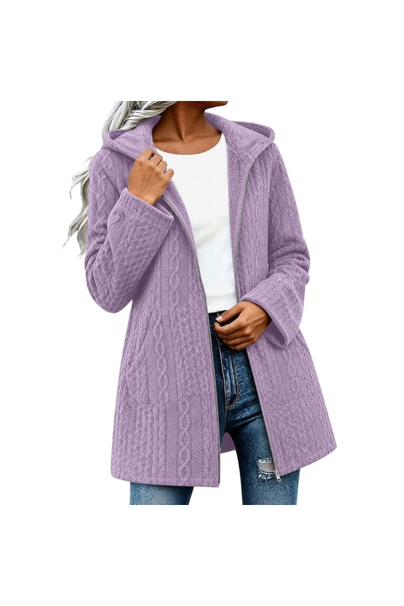 Women Cable Knit Fleece Lined Coat Full Zip Long Sleeve Warm Jacket Thick Jacquard,Hood Design,Side Pockets,Midi Length Straight Cut,Loose Fit,Ideal for Outdoor Casual & Winter Layering, Purple, XXL