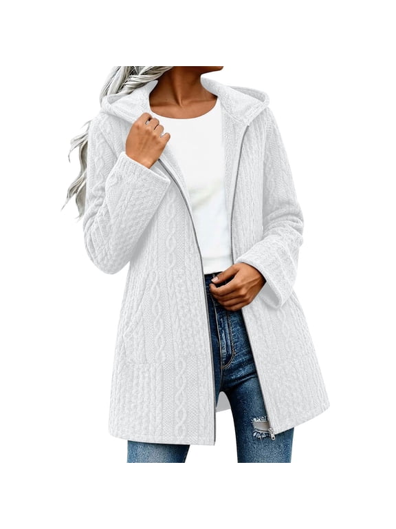Women Cable Knit Fleece Lined Coat Full Zip Long Sleeve Warm Jacket Thick Jacquard,Hood Design,Side Pockets,Midi Length Straight Cut,Loose Fit,Ideal for Outdoor Casual & Winter Layering, White, M