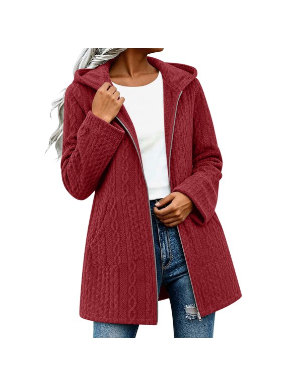 Women Cable Knit Fleece Lined Coat Full Zip Long Sleeve Warm Jacket Thick Jacquard,Hood Design,Side Pockets,Midi Length Straight Cut,Loose Fit,Ideal for Outdoor Casual & Winter Warm Layering, Red, M