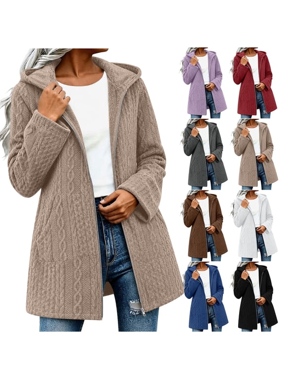 Women Cable Knit Fleece Lined Coat Full Zip Long Sleeve Warm Jacket Thick Jacquard,Hood Design,Side Pockets,Midi Length Straight Cut,Loose Fit,Ideal for Outdoor Casual & Winter Layering, Beige, XXL
