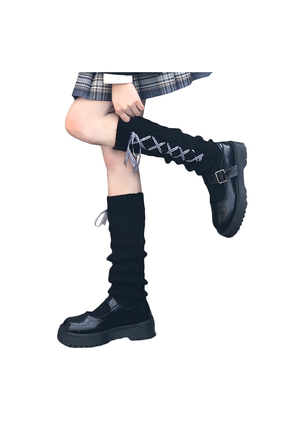 Women Cable Knit Leg Warmers Plaid Ribbon Bow Boot Cuffs Lolita Socks Stockings