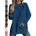 thumbnail image 1 of Women Cable Knit Oversized Pullover Sweater Crewneck Long Sleeve with Pockets Side Slit Casual Fall Top, 1 of 7