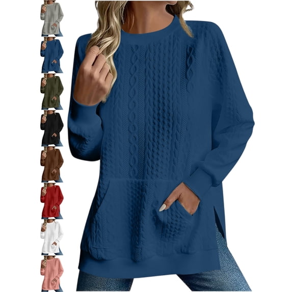 Women Cable Knit Oversized Pullover Sweater Crewneck Long Sleeve with Pockets Side Slit Casual Fall Top