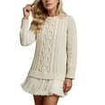 thumbnail image 1 of Women Cable Knit Sweater Dress Crewneck Long Sleeve Pleated Dress Twofer Patchwork Dress, 1 of 9