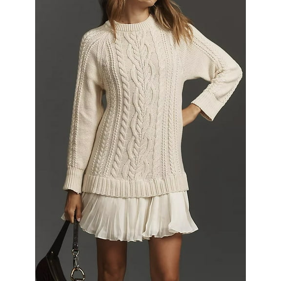 Women Cable Knit Sweater Dress Crewneck Long Sleeve Pleated Mini Dress Style Fall Winter Casual Dress