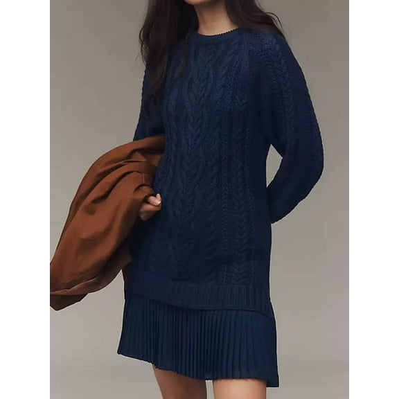 Women Cable Knit Sweater Dress Crewneck Long Sleeve Pleated Mini Dress Style Fall Winter Casual Dress