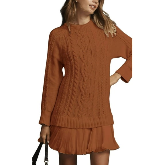 Women Cable Knit Sweater Dress Crewneck Long Sleeve Pleated Mini Dress Style Fall Winter Casual Dress