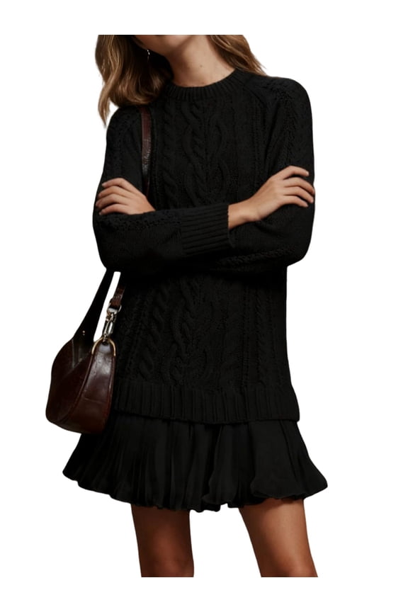Women Cable Knit Sweater Dress Crewneck Long Sleeve Pleated Mini Dress Twofer Style Patchwork Dress Black S