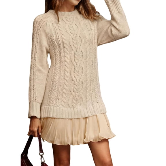 Women Cable Knit Sweater Dress Crewneck Long Sleeve Pleated Mini Dress Twofer Style Patchwork Dress Light Brown L