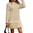thumbnail image 1 of Women Cable Knit Sweater Dress Crewneck Long Sleeve Pleated Mini Dress Twofer Style Patchwork Dress Light Brown M, 1 of 8