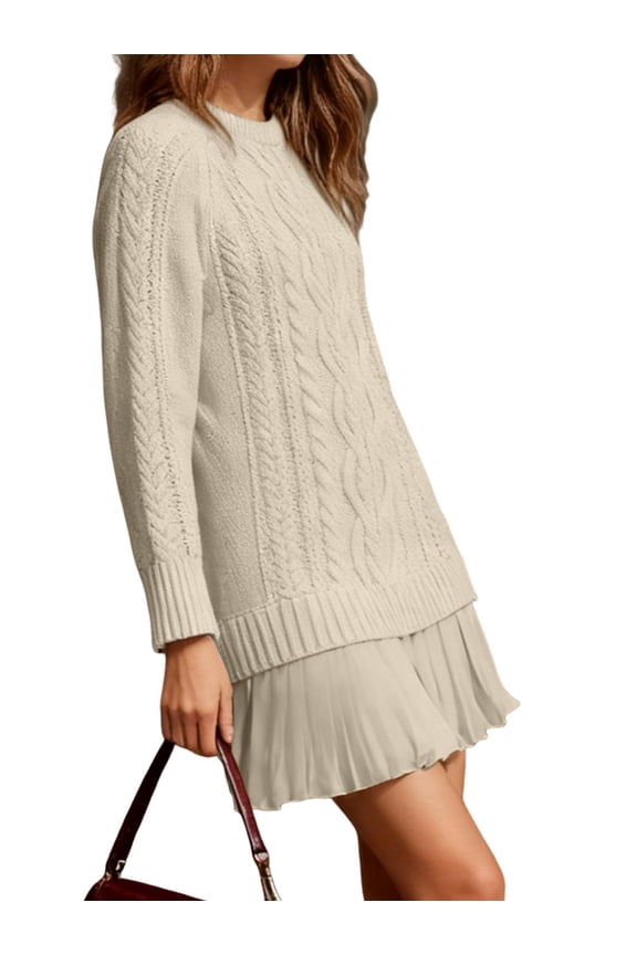 Women Cable Knit Sweater Dress Crewneck Long Sleeve Pleated Mini Dress Twofer Style Patchwork Dress Milky White M