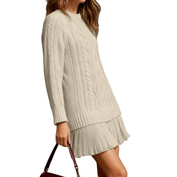 Women Cable Knit Sweater Dress Crewneck Long Sleeve Pleated Mini Dress Twofer Style Patchwork Dress Milky White XS
