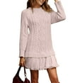 thumbnail image 1 of Women Cable Knit Sweater Dress Crewneck Long Sleeve Pleated Mini Dress Twofer Style Patchwork Dress Pink XL, 1 of 7