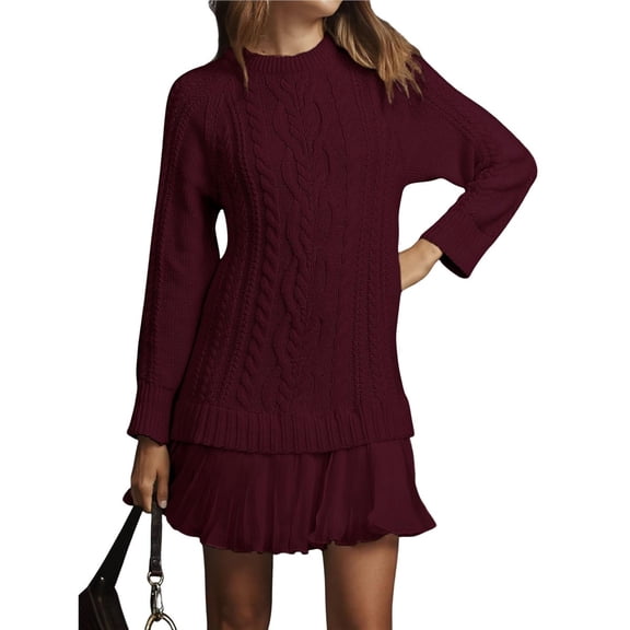 Women Cable Knit Sweater Dress Crewneck Long Sleeve Pleated Mini Dress Twofer Style Patchwork Dress Wine Red S